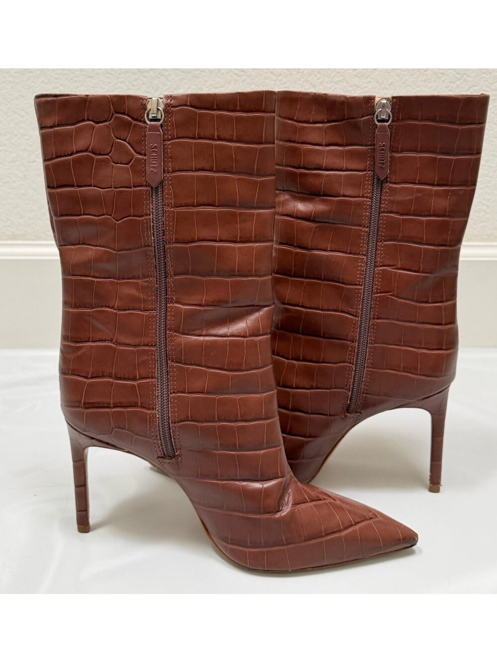 Schutz Mary Croc Embossed Leather Stiletto Boots Womens Size 7.5 Brown